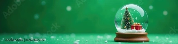 Fototapeta Snow globe with a small Christmas tree and wrapped gift on a green background filled with snowflakes, miniature, festive