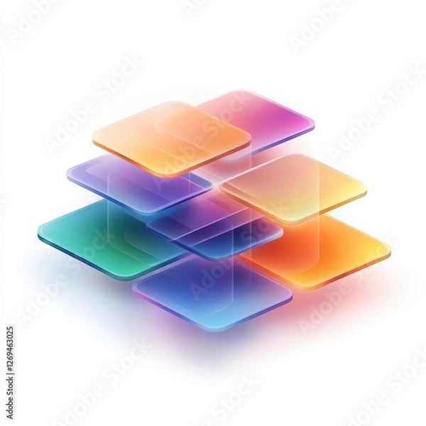 Fototapeta A vibrant, layered design featuring translucent squares in gradient hues of orange, purple, and green, creating a modern, abstract aesthetic.