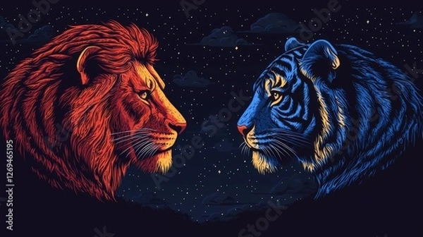 Fototapeta Fiery Lion and Tiger Faces in a Night Sky with Stars and Clouds