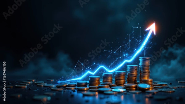 Fototapeta Financial growth visualized with a stack of coins emitting upward-moving sparkles.