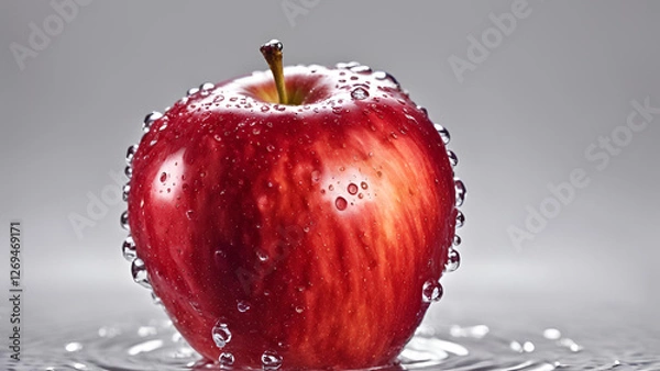 Fototapeta A red apple adorned with water droplets, set against a white background
