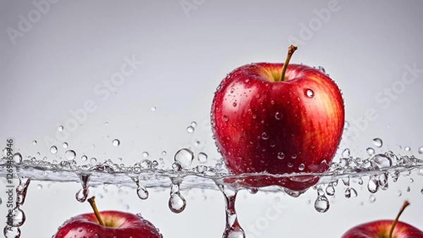 Fototapeta A solitary red apple, embellished with drops of water, positioned on a white surface