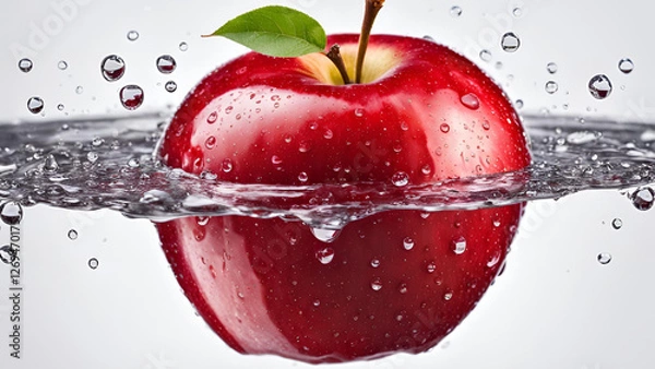 Fototapeta A red apple, highlighted by water droplets, isolated on a white background