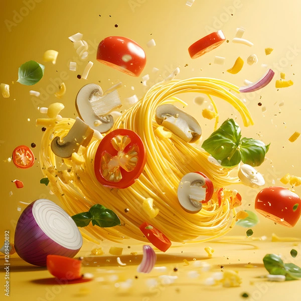 Fototapeta flying slices of capsicum with spaghetti AI generated