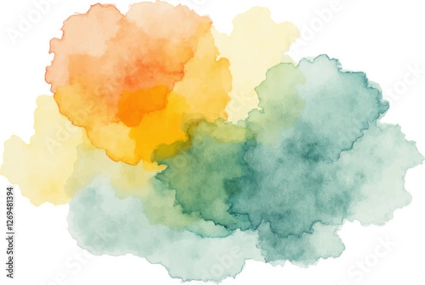 Fototapeta An abstract watercolor splash with a blend of warm and cool tones, featuring overlapping shades of yellow, orange, green, and teal. 