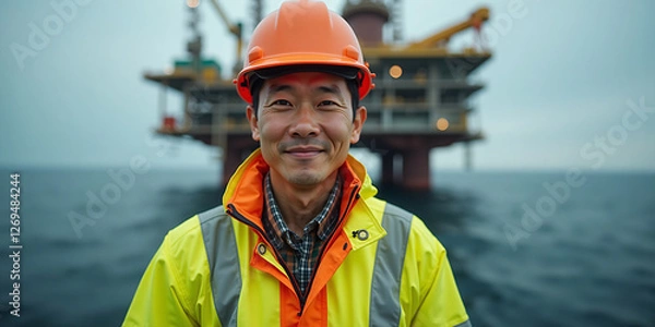 Obraz Smiling Engineer in High-Visibility Jacket and Hard Hat, Offshore Oil Rig in Background
