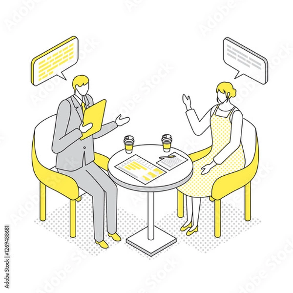 Fototapeta 打ち合わせをしているビジネスマンと女性のアイソメトリックイラスト