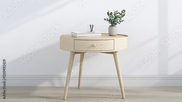 Fototapeta Minimalist round side table with drawer, plant, and books