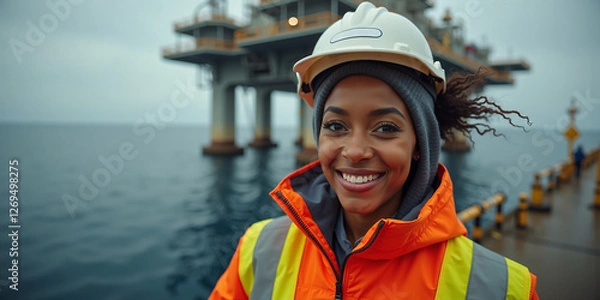Obraz Smiling Female Offshore Worker in Safety Gear on Ocean Platform with Copy Space