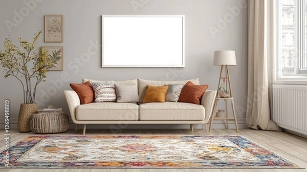 Fototapeta Cozy living room with light furniture, a rug, and an empty white frame isolated