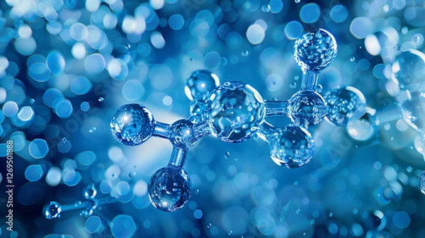Fototapeta A conceptual image of a hydrogen molecule in a glowing blue environment, representing the sustainable potential of blue hydrogen. 