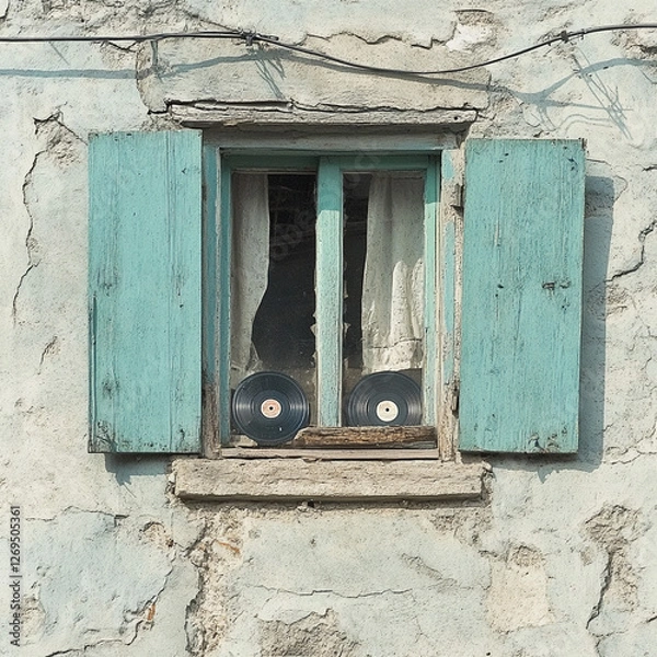 Obraz old window with shutters and vinyl records