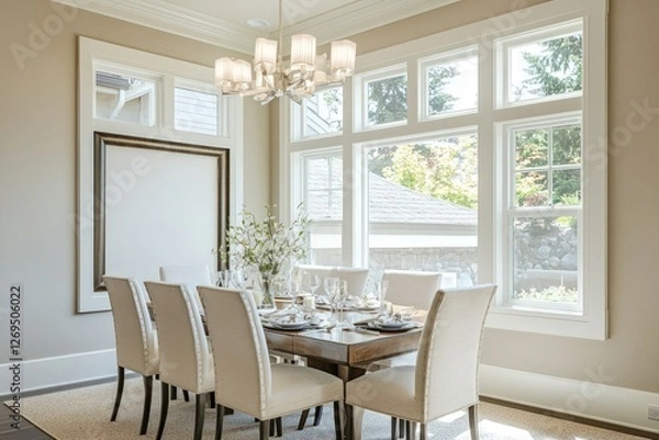 Fototapeta Elegant dining room setup with an empty frame and large windows isolated