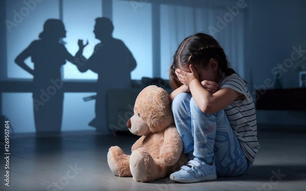 Fototapeta Frustrated little girl holding hands on ears, feels upset while angry parents fighting at background. parents fighting or conflict, divorce separation, arguing family problems, negative child impact.