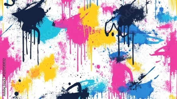 Fototapeta Vibrant Graffiti Paint Splatter Art, Urban Environment, Digital Design, Colorful Abstract, Close-Up View, Modern Creativity