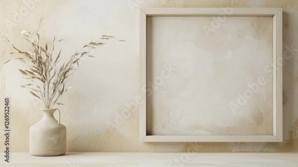 Fototapeta Empty frame with geometric design on a soft beige wall isolated