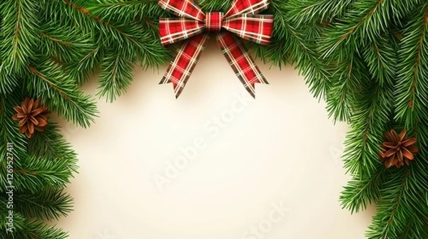 Fototapeta Rustic Pine Branch Frame with Plaid Ribbon and Pine Cones for Holidays