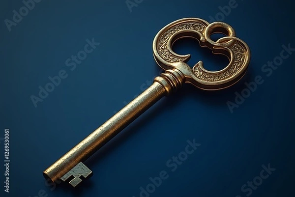 Fototapeta An old key reflecting in a blue background.
