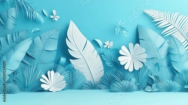 Fototapeta Stylish Cyan Background with Paper Art of Feathers and Floral Shapes