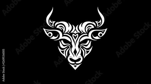 Fototapeta Tribal Bull Head Art White Ornate Tattoo Design on Plain Backdrop For Symbol, Logo, or Decoration Use