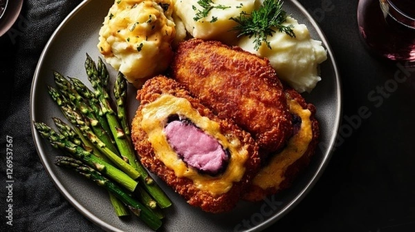 Fototapeta An overhead shot of Chicken Cordon Bleu served on a fine plate with a side of sauces asparagus and mashed potatoes