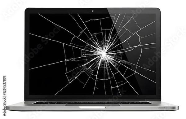 Fototapeta Broken black display screen on laptop notebook computer. Shattered glass, destroyed and cracked technology device repair and fix service, damaged portable desktop, crash, wrack, destruction on white b