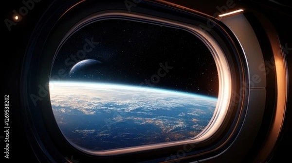 Obraz Breathtaking view of earth and moon from spacecraft window.