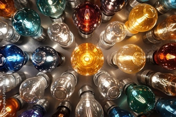 Fototapeta A collection of vintage-style light bulbs in various colors and shades, arranged in a circular pattern.