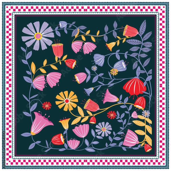 Fototapeta Square floral scarf print pattern with colorful flowers and leaves on a dark green background