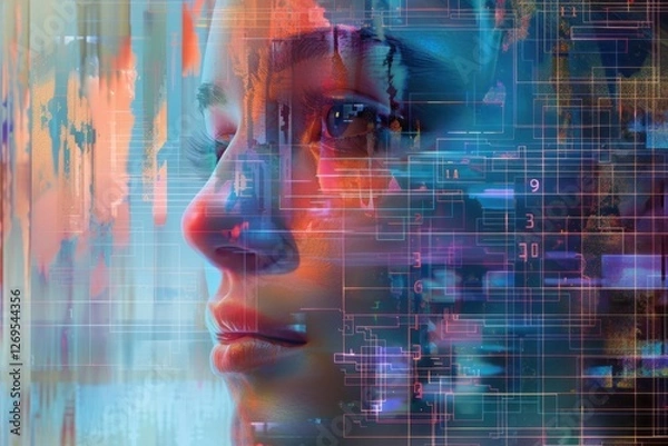 Fototapeta Digital Abstract Portrait of a Woman with Colorful Technology Background