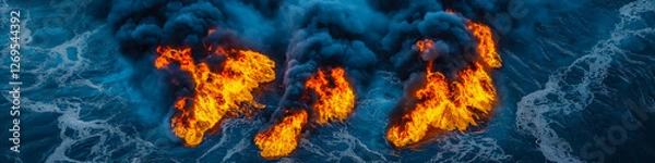 Fototapeta Aerial view of orange flames burning on blue water surface creating abstract shapes