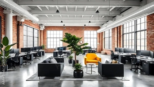 Obraz A modern open office space designed in an industrial loft style, featuring exposed white ceiling beams and large windows that flood the room with natural light.