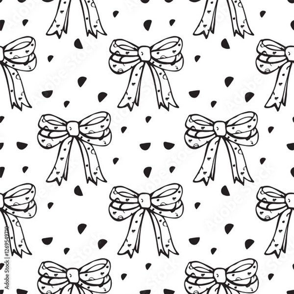 Fototapeta Seamless vector pattern. Hand drawn ribbon bows and dots, spots. Doodle style. Design for wrapping paper, backgrounds, wallpapers.