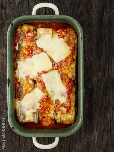 Fototapeta rustic traditional italian eggplant parmesan