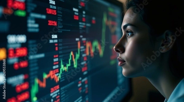 Fototapeta Focused gaze on fluctuating market data; a young woman analyzes stock trends, numbers flash, decisions loom.