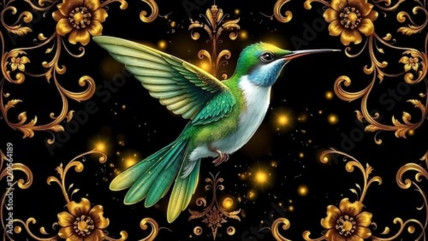 Fototapeta Elegant hummingbird with golden floral patterns on black background, luminous fantasy illustration