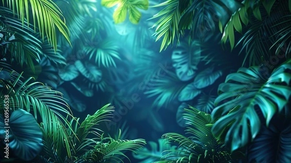 Fototapeta Vibrant Green and Blue Neon Lights with Tropical Leaves: A Fusion of Glowing Foliage and Futuristic Botanicals for Modern Design, Neon Art Installations, and Tropical-Themed Branding with Lush Greener