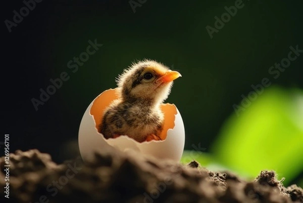 Fototapeta A newborn chick emerges from its egg, representing new beginnings and the cycle of life in a serene natural setting.