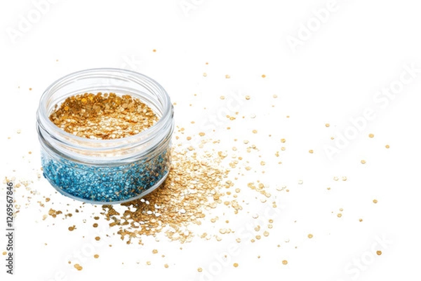 Obraz Sparkling jar of loose glitter in gold and silver on a bright white background
