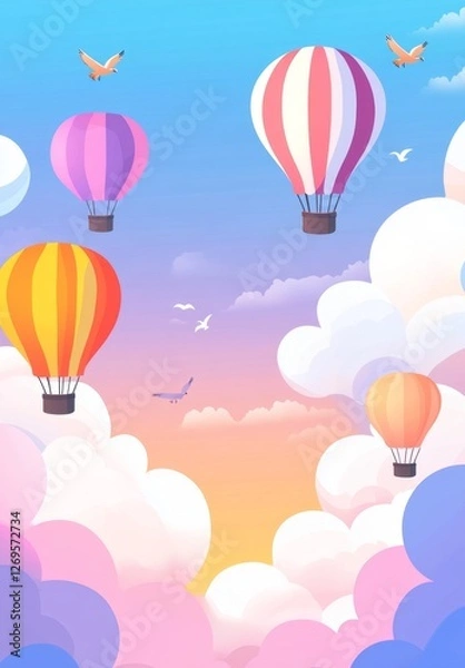 Fototapeta Colorful hot air balloons floating in a pastel sky with clouds, ideal for a children's book or mobile wallpaper