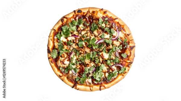 Fototapeta BBQ Chicken Pizza: A delicious BBQ chicken pizza, loaded with savory chicken, caramelized onions, and fresh herbs. The rich BBQ sauce is drizzled over a crispy crust.