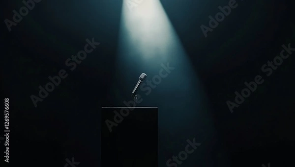 Obraz Empty podium microphone spotlight dark stage