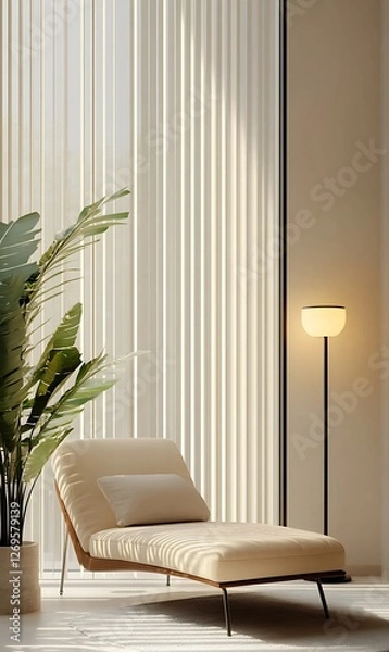 Fototapeta Beige chaise lounge in a sunlit room with sheer curtains and a potted plant.