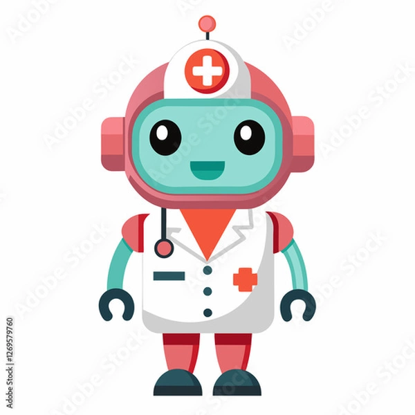 Obraz Cute cartoon robot doctor in coat and hat, isolated on white background. Flat illustration style.