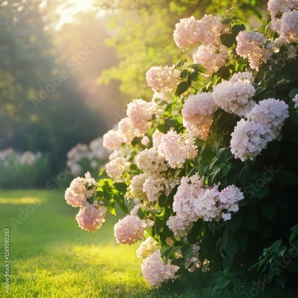 Fototapeta Blooming hydrangeas surround sunlit garden in serene afternoon setting