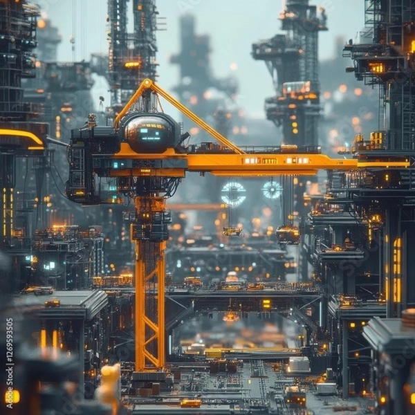 Fototapeta An AI-controlled construction crane assembling a smart city of the future.