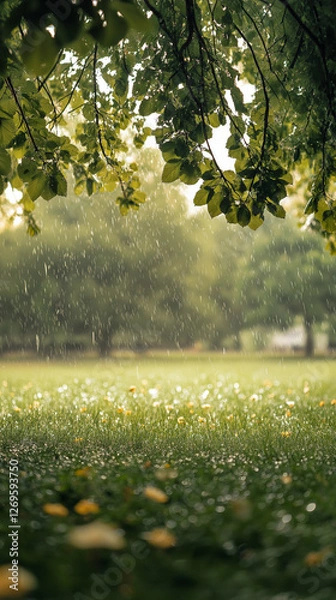 Fototapeta Peaceful park scene with light rain drizzle falling on lush green grass and scattered flowers, with soft mist creating a serene atmosphere Generative AI