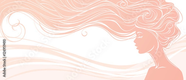 Fototapeta Ilustracji wektorowych. Piękna sylwetka kobiety długie włosy na różowym tle. Projekt koncepcyjny dla salonów kosmetycznych, spa, kosmetycznego, modowego i kosmetycznego.