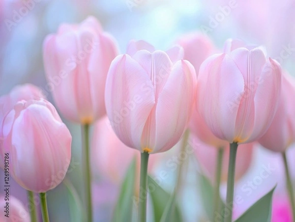 Fototapeta Pink tulips bloom in a garden during spring with soft pastel background light