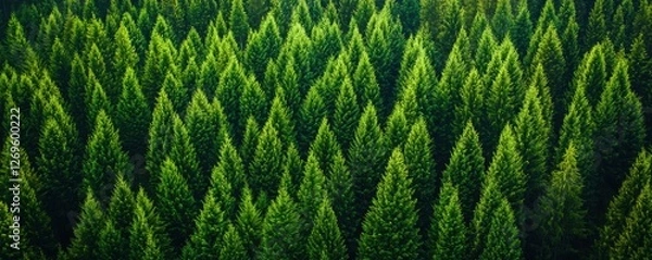 Obraz A dense forest of vibrant green coniferous trees, showcasing nature's beauty in an aerial view.